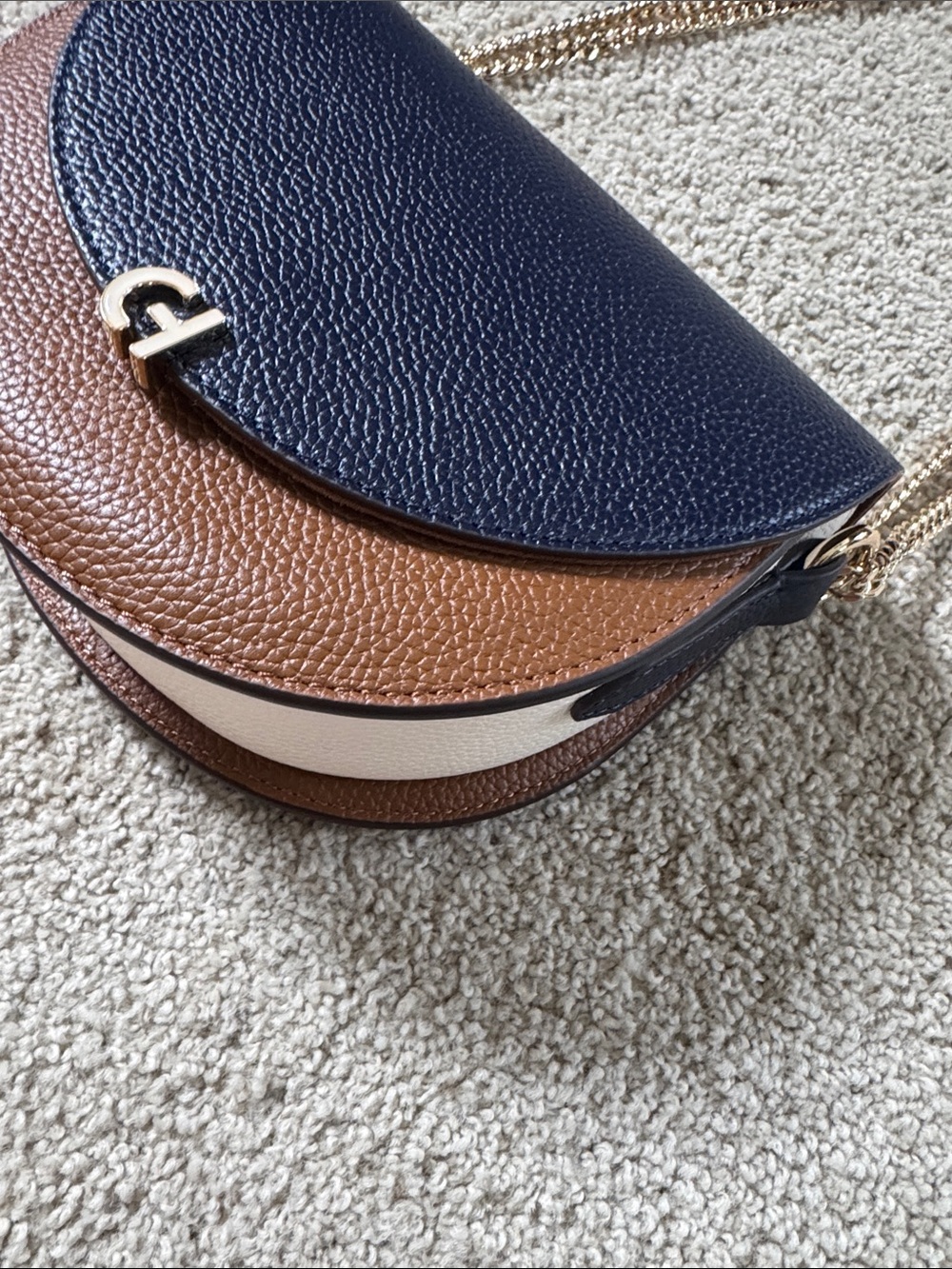Cole Haan Navy and Brown Pebbled Leather Crossbody with Gold Chain - Picture 3 of 14